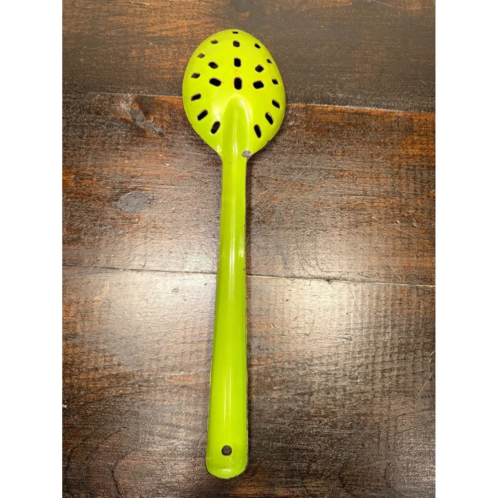 Vintage Lime Green Enamelware Slotted Spoon Retro Kitchen Serving Utensil 11.5
